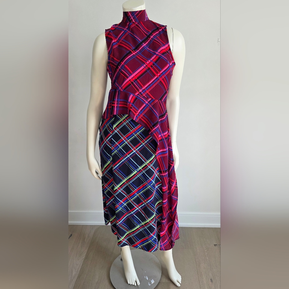 NWT Topshop Petite Tartan Clan Clash Check Midi Dress Open Back Asymmetrical US2